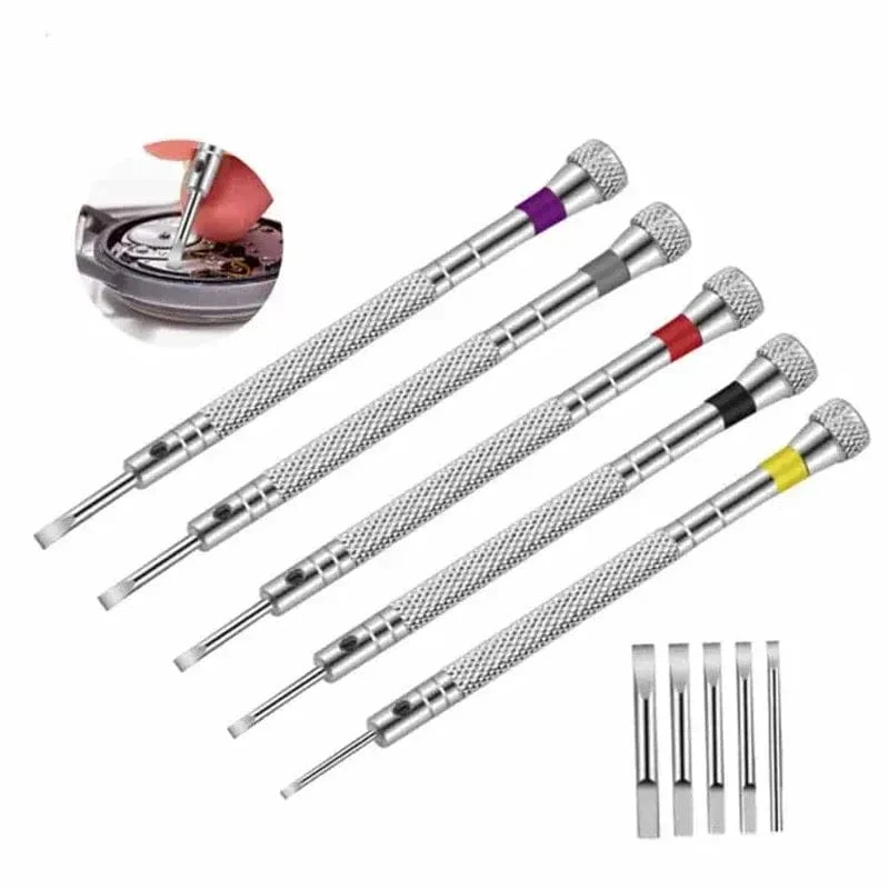 5-teiliges Set, 0.8–1.6 mm Stahlschraubendreher für die Uhrenreparatur, tragbare Uhrenwerkzeuge, Armbandentfernung mit Mini-Verbindungsstiften, Uhrmacherwerkzeuge