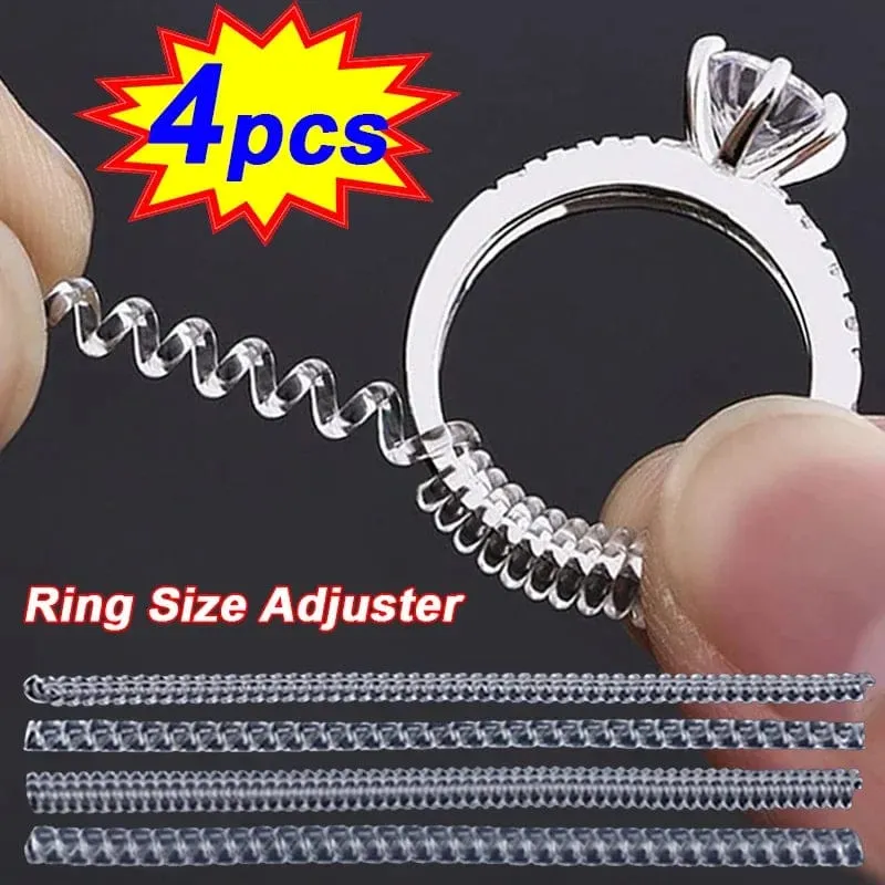 4-teiliges Set mit Ringgrößenreduzierer-Werkzeugen, Spiralfeder-basierte Ringe, unsichtbarer, transparenter Spanner, Größenänderungswerkzeug, Schmuckschutz