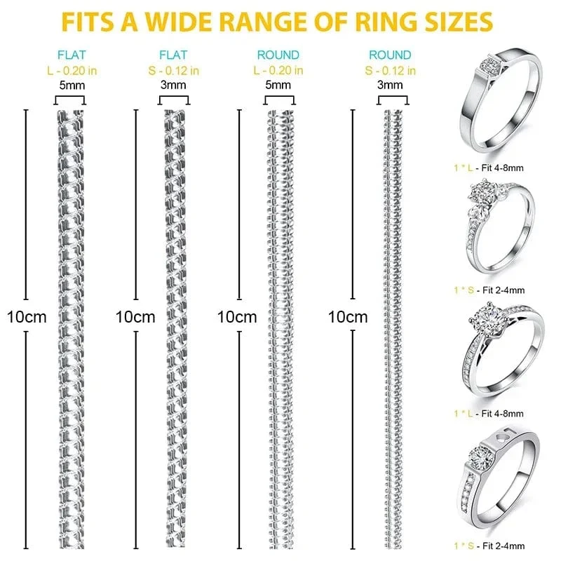 4-teiliges Set mit Ringgrößenreduzierer-Werkzeugen, Spiralfeder-basierte Ringe, unsichtbarer, transparenter Spanner, Größenänderungswerkzeug, Schmuckschutz
