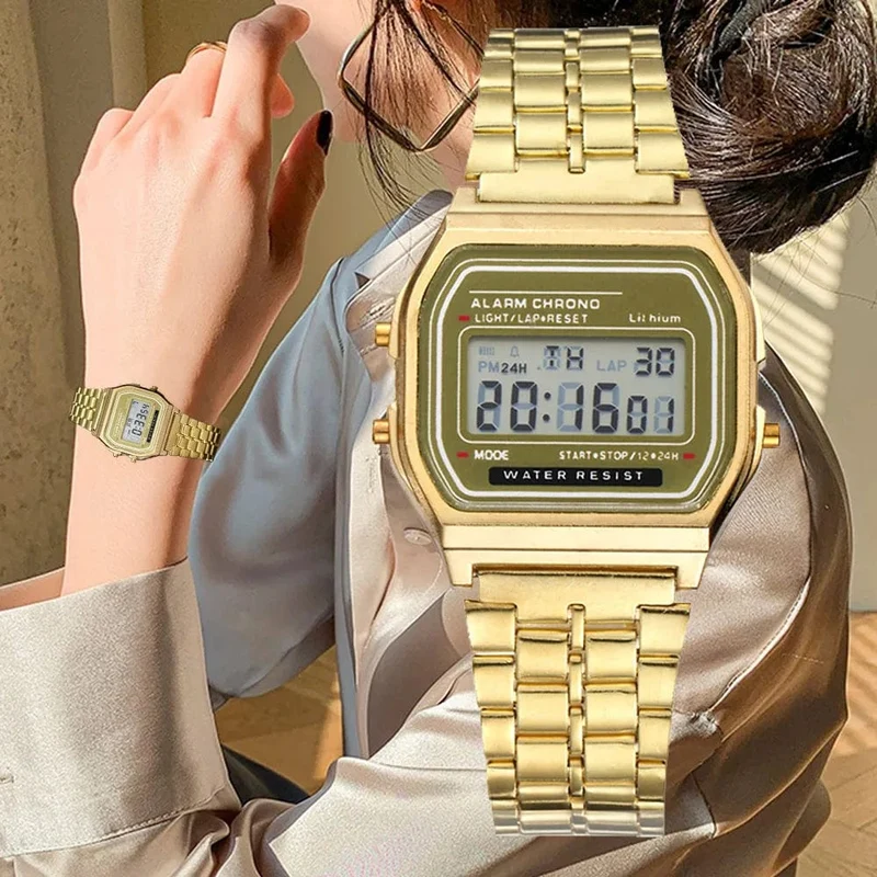 Elegante Digitale Uhr Für Frauen Gold Silber Edelstahl Business Damen Elektronische Handgelenk Uhren Mann Uhr Zegarek Damski