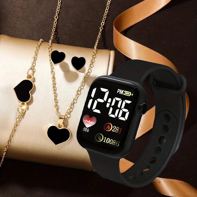 5 stücke Rechteckige klassische mode Mädchen frauen digitale uhr mit Liebe schmuck set analog uhr geschenk