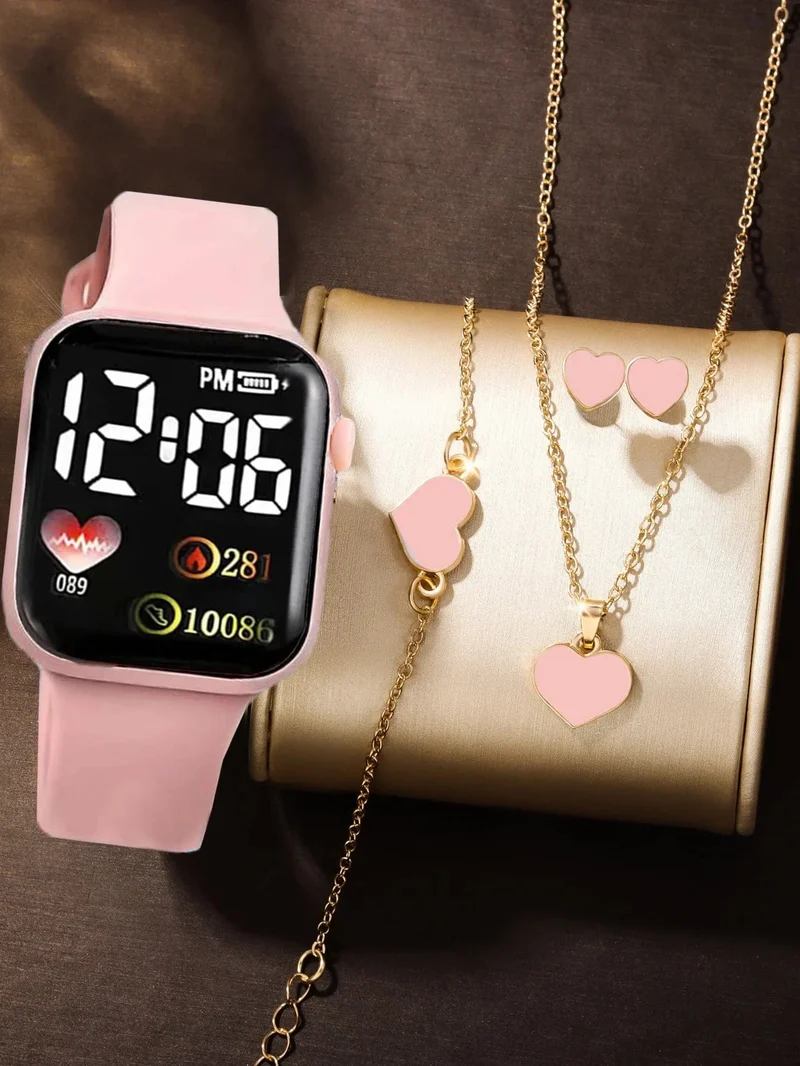 5 stücke Rechteckige klassische mode Mädchen frauen digitale uhr mit Liebe schmuck set analog uhr geschenk