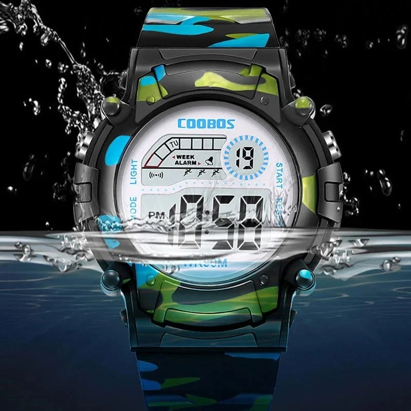 COOBOS Kinderuhr Camouflage Sport Elektronische Digitaluhr Wasserdichte Multifunktions-LED-Uhr für Jungen Mädchen Kinderuhr