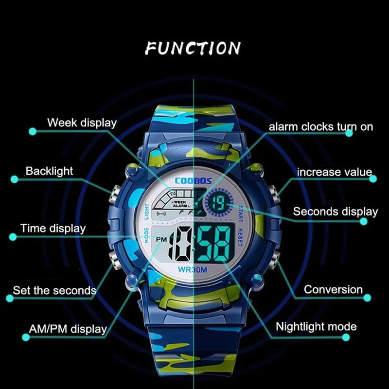 COOBOS Kinderuhr Camouflage Sport Elektronische Digitaluhr Wasserdichte Multifunktions-LED-Uhr für Jungen Mädchen Kinderuhr