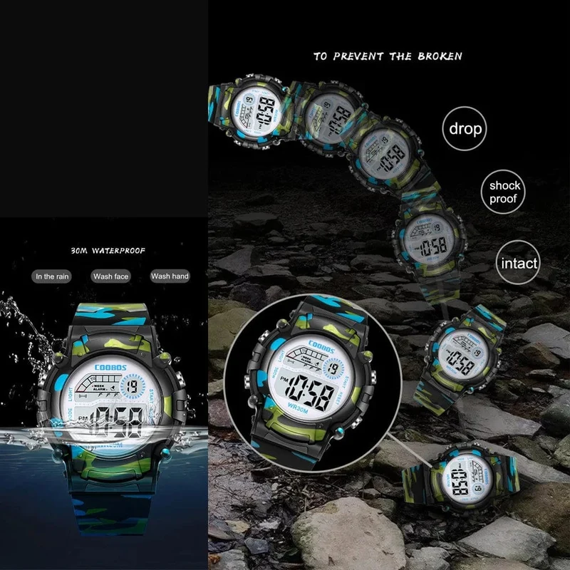 COOBOS Kinderuhr Camouflage Sport Elektronische Digitaluhr Wasserdichte Multifunktions-LED-Uhr für Jungen Mädchen Kinderuhr