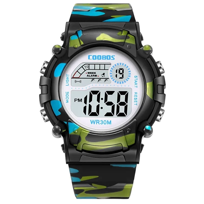 COOBOS Kinderuhr Camouflage Sport Elektronische Digitaluhr Wasserdichte Multifunktions-LED-Uhr für Jungen Mädchen Kinderuhr