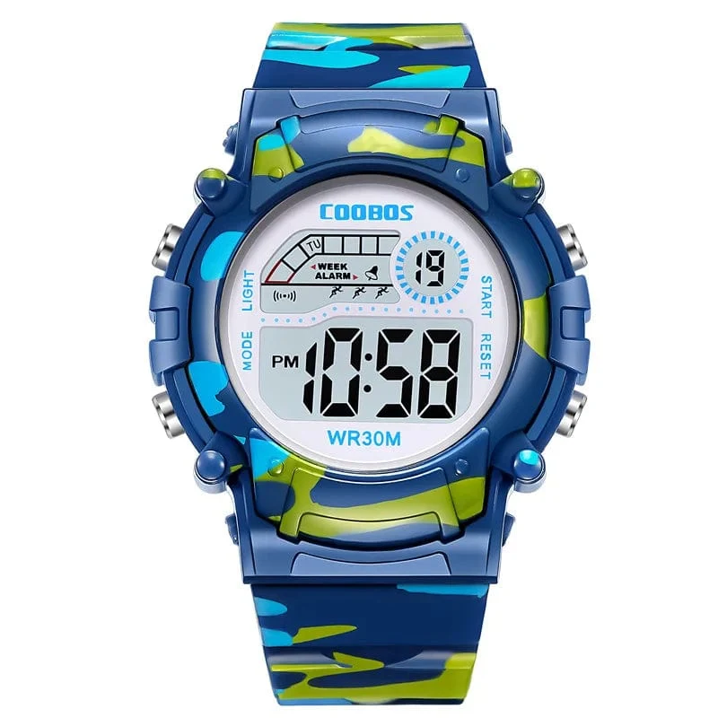 COOBOS Kinderuhr Camouflage Sport Elektronische Digitaluhr Wasserdichte Multifunktions-LED-Uhr für Jungen Mädchen Kinderuhr