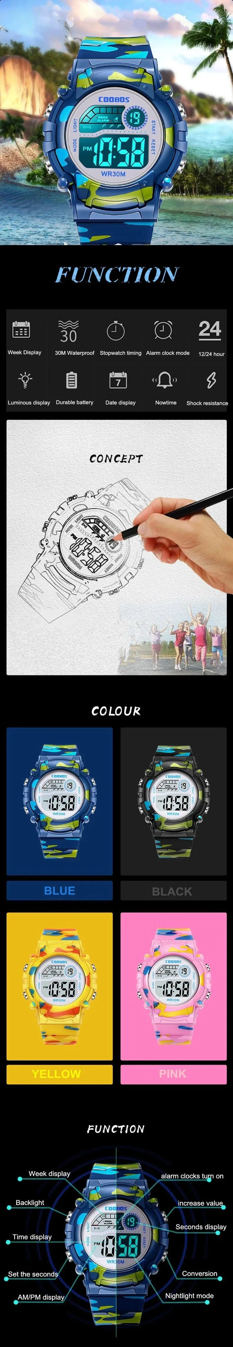COOBOS Kinderuhr Camouflage Sport Elektronische Digitaluhr Wasserdichte Multifunktions-LED-Uhr für Jungen Mädchen Kinderuhr