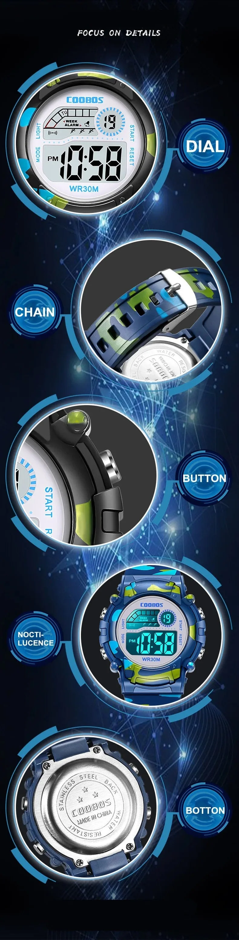 COOBOS Kinderuhr Camouflage Sport Elektronische Digitaluhr Wasserdichte Multifunktions-LED-Uhr für Jungen Mädchen Kinderuhr