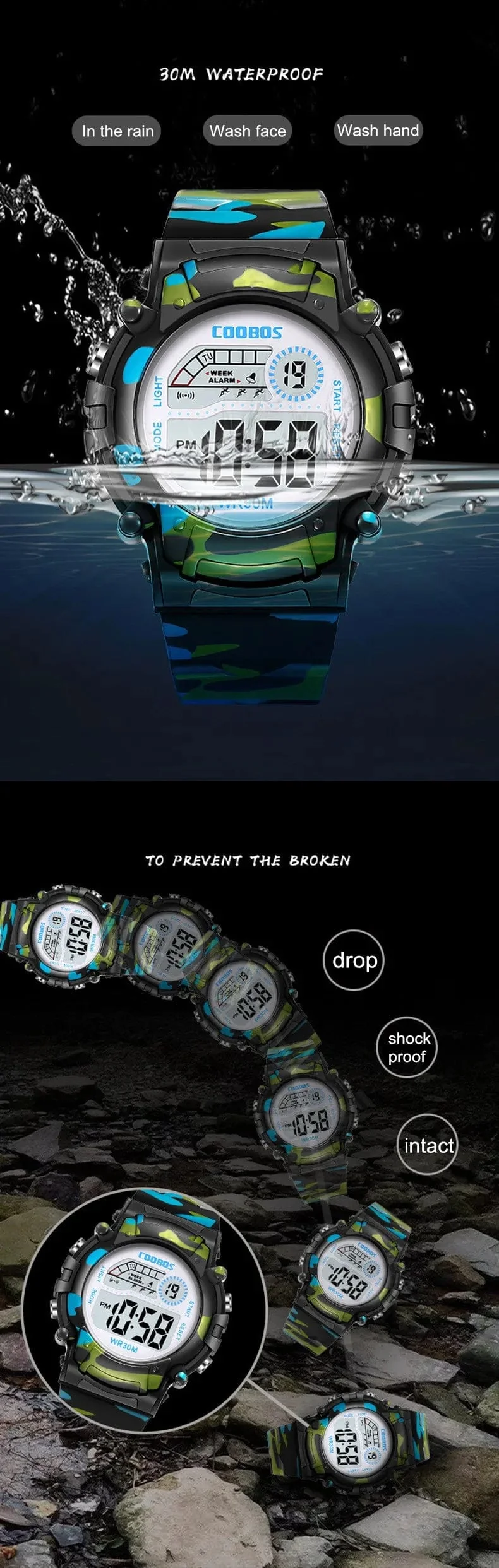 COOBOS Kinderuhr Camouflage Sport Elektronische Digitaluhr Wasserdichte Multifunktions-LED-Uhr für Jungen Mädchen Kinderuhr