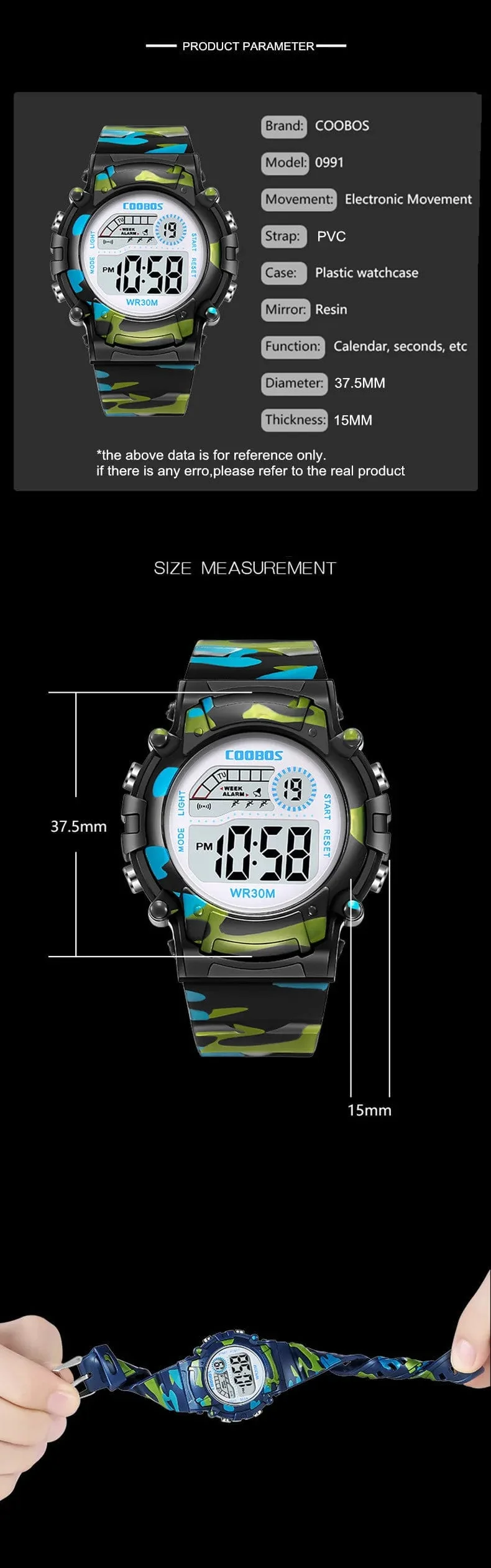 COOBOS Kinderuhr Camouflage Sport Elektronische Digitaluhr Wasserdichte Multifunktions-LED-Uhr für Jungen Mädchen Kinderuhr