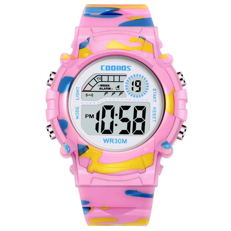 COOBOS Kinderuhr Camouflage Sport Elektronische Digitaluhr Wasserdichte Multifunktions-LED-Uhr für Jungen Mädchen Kinderuhr