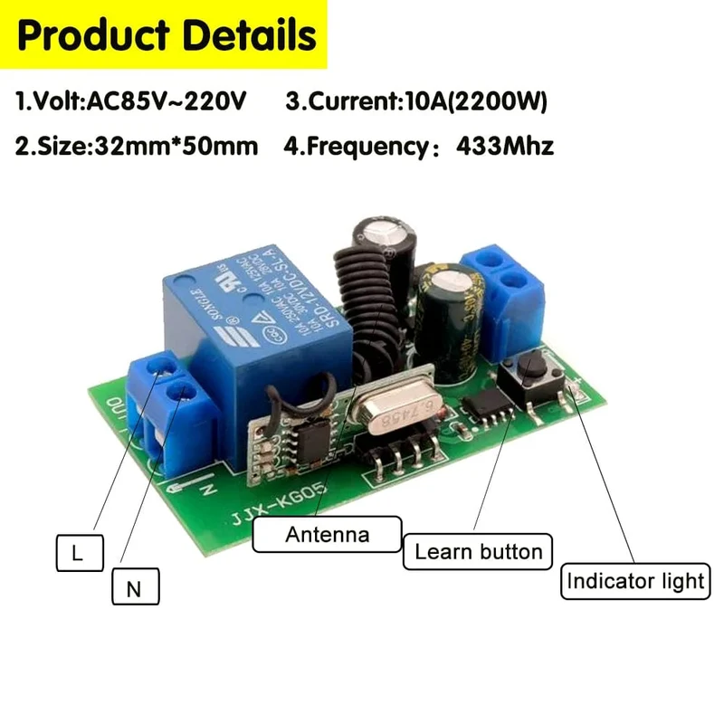 433MHz Drahtlose Fernbedienung Schalter AC110V 220V 10A 1CH Relais Modul Empfänger ON OFF Fernbedienung Für Led lichter Birne DIY