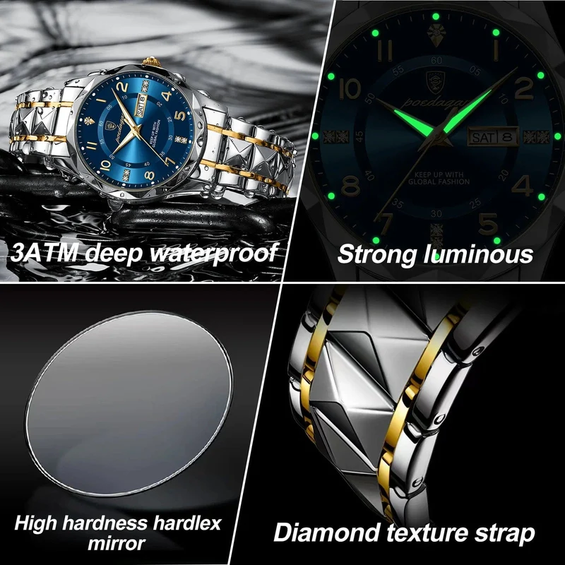 POEDAGAR Luxus Herren Quarzuhr Wasserdicht Datum Woche Leuchtende Armbanduhr Edelstahl Herrenuhr Herrenuhr Sportuhr
