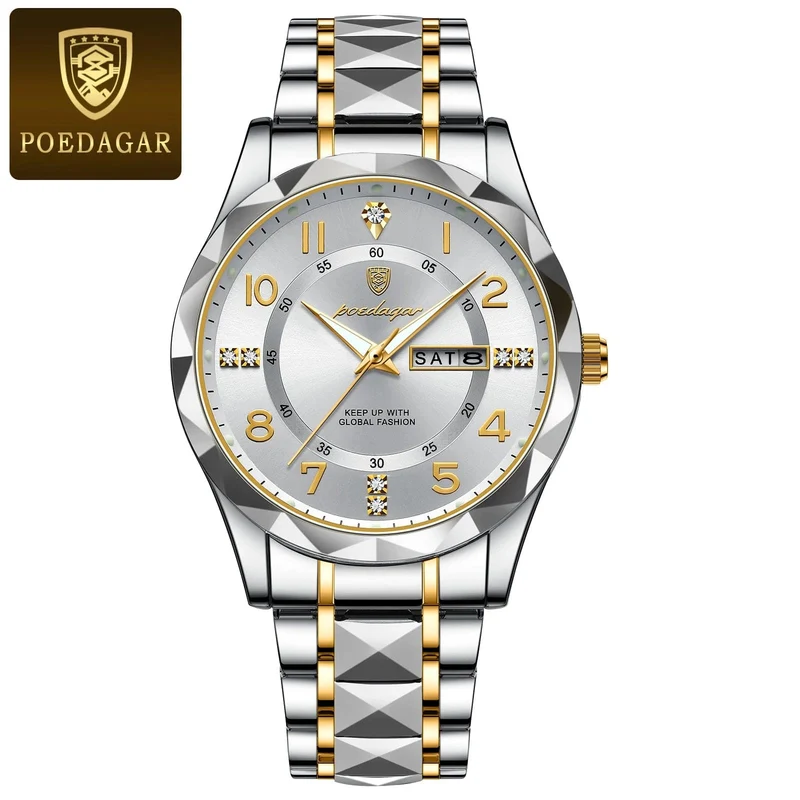 POEDAGAR Luxus Herren Quarzuhr Wasserdicht Datum Woche Leuchtende Armbanduhr Edelstahl Herrenuhr Herrenuhr Sportuhr