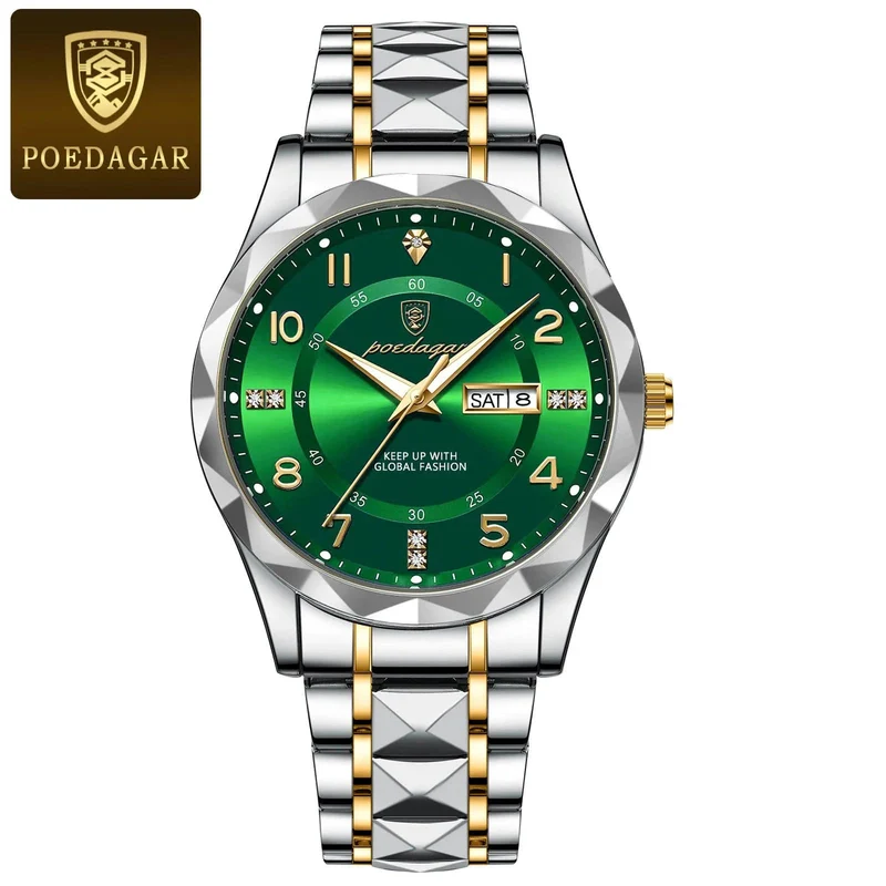 POEDAGAR Luxus Herren Quarzuhr Wasserdicht Datum Woche Leuchtende Armbanduhr Edelstahl Herrenuhr Herrenuhr Sportuhr