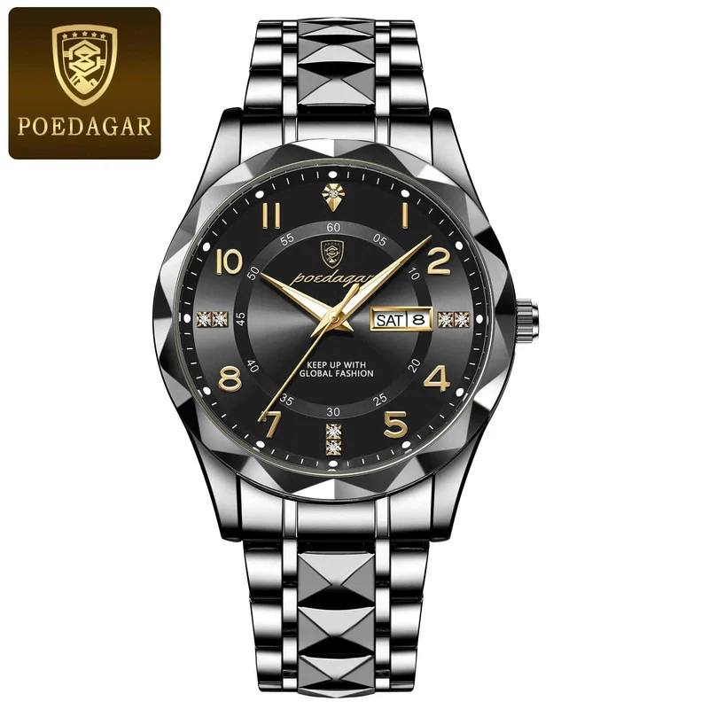 POEDAGAR Luxus Herren Quarzuhr Wasserdicht Datum Woche Leuchtende Armbanduhr Edelstahl Herrenuhr Herrenuhr Sportuhr