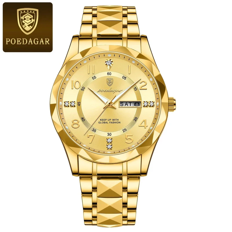POEDAGAR Luxus Herren Quarzuhr Wasserdicht Datum Woche Leuchtende Armbanduhr Edelstahl Herrenuhr Herrenuhr Sportuhr