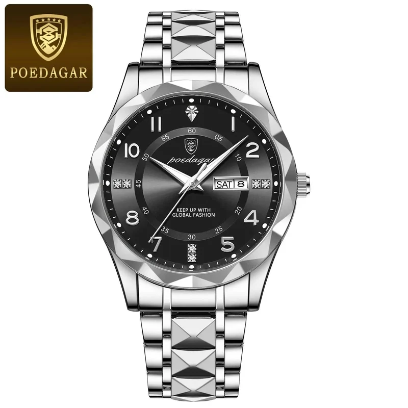 POEDAGAR Luxus Herren Quarzuhr Wasserdicht Datum Woche Leuchtende Armbanduhr Edelstahl Herrenuhr Herrenuhr Sportuhr