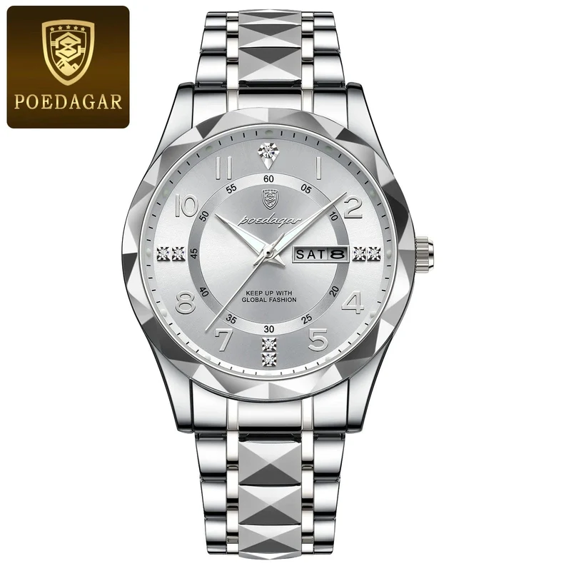POEDAGAR Luxus Herren Quarzuhr Wasserdicht Datum Woche Leuchtende Armbanduhr Edelstahl Herrenuhr Herrenuhr Sportuhr