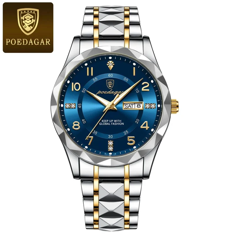 POEDAGAR Luxus Herren Quarzuhr Wasserdicht Datum Woche Leuchtende Armbanduhr Edelstahl Herrenuhr Herrenuhr Sportuhr
