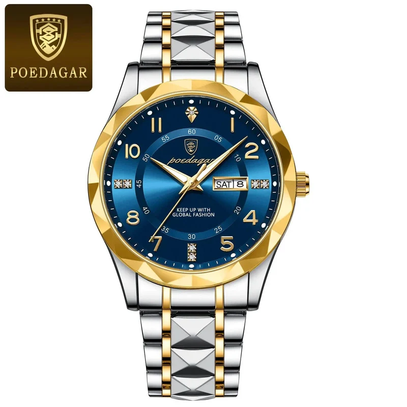 POEDAGAR Luxus Herren Quarzuhr Wasserdicht Datum Woche Leuchtende Armbanduhr Edelstahl Herrenuhr Herrenuhr Sportuhr