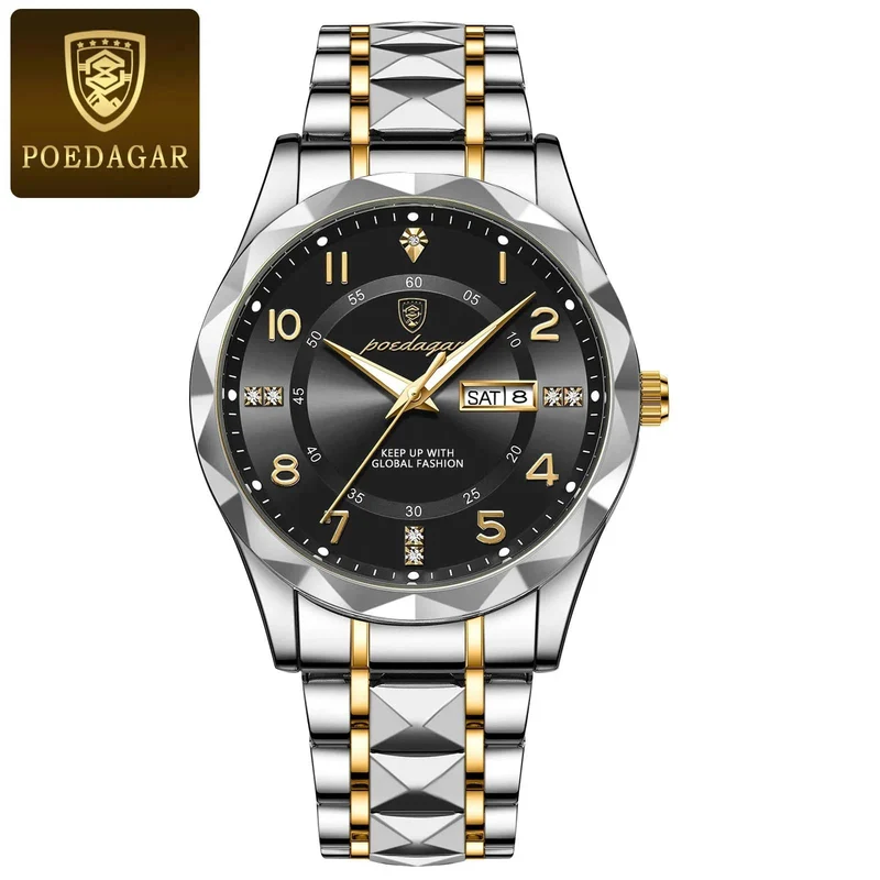 POEDAGAR Luxus Herren Quarzuhr Wasserdicht Datum Woche Leuchtende Armbanduhr Edelstahl Herrenuhr Herrenuhr Sportuhr