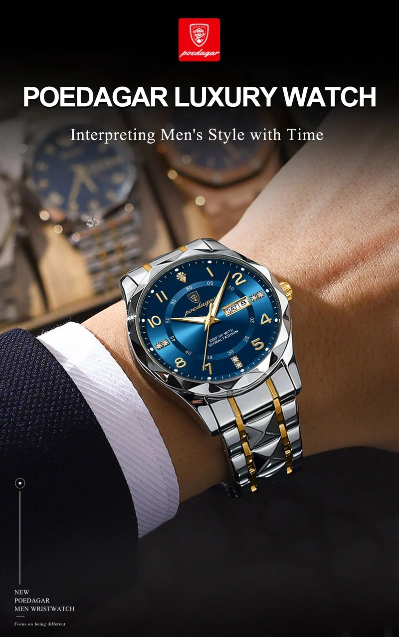 POEDAGAR Luxus Herren Quarzuhr Wasserdicht Datum Woche Leuchtende Armbanduhr Edelstahl Herrenuhr Herrenuhr Sportuhr