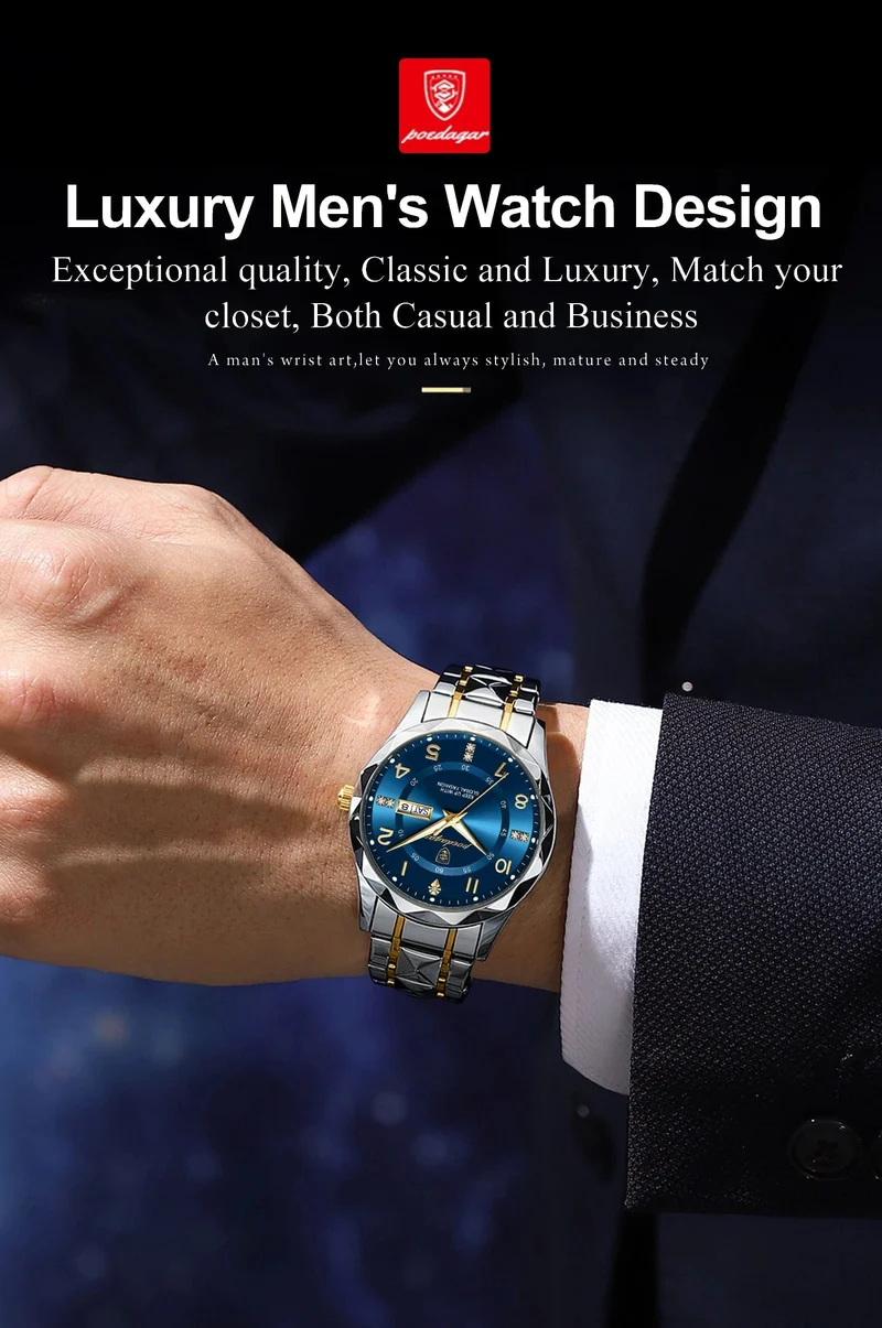 POEDAGAR Luxus Herren Quarzuhr Wasserdicht Datum Woche Leuchtende Armbanduhr Edelstahl Herrenuhr Herrenuhr Sportuhr