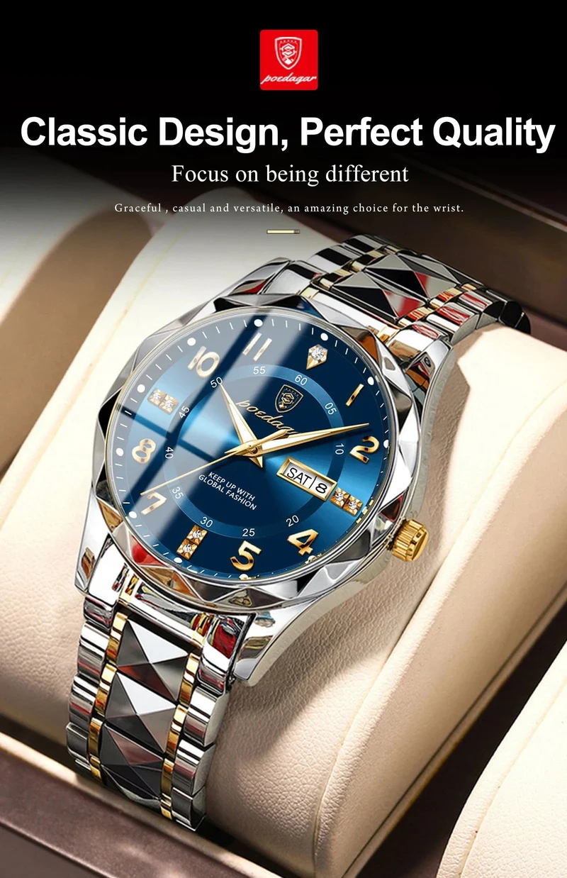 POEDAGAR Luxus Herren Quarzuhr Wasserdicht Datum Woche Leuchtende Armbanduhr Edelstahl Herrenuhr Herrenuhr Sportuhr