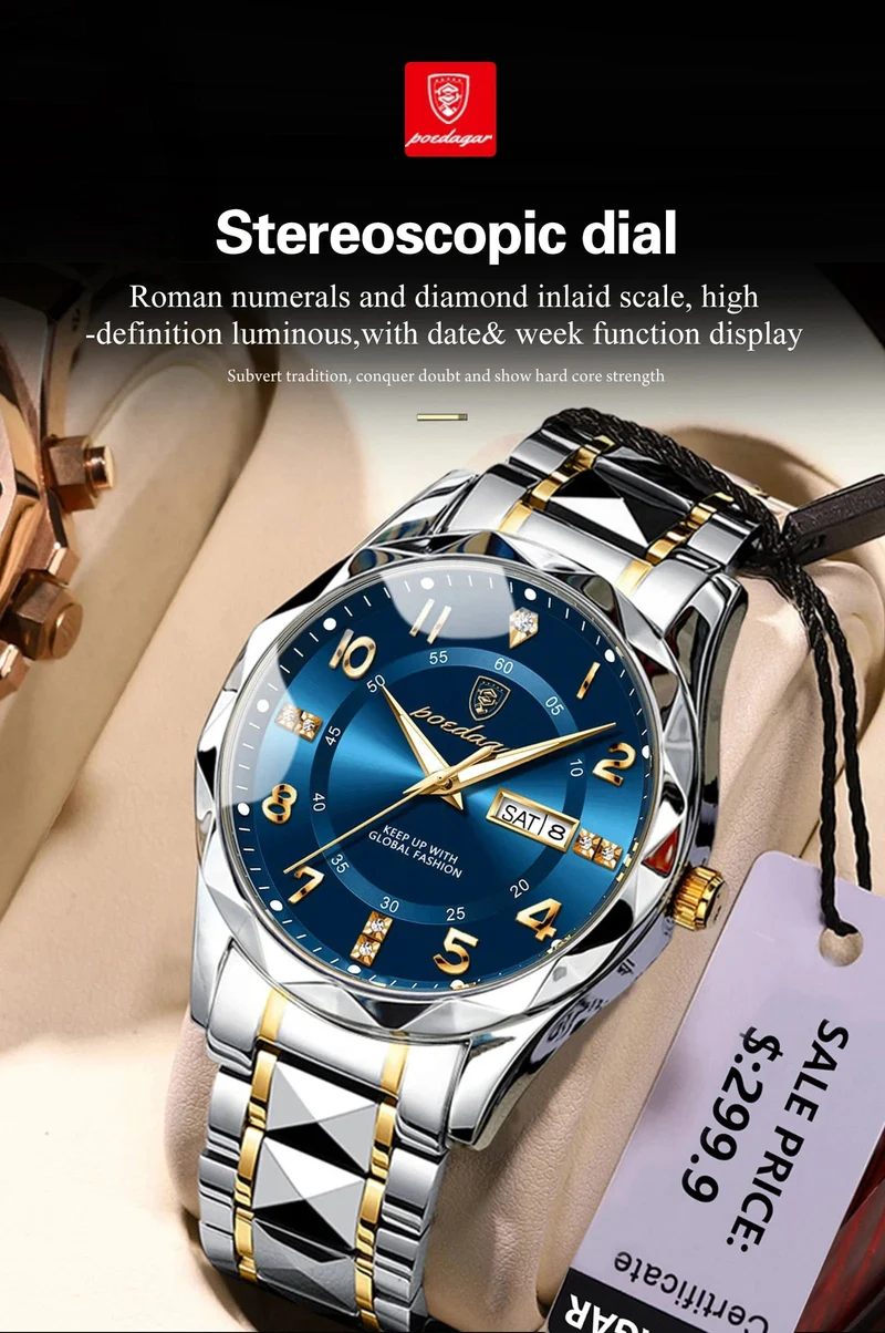 POEDAGAR Luxus Herren Quarzuhr Wasserdicht Datum Woche Leuchtende Armbanduhr Edelstahl Herrenuhr Herrenuhr Sportuhr