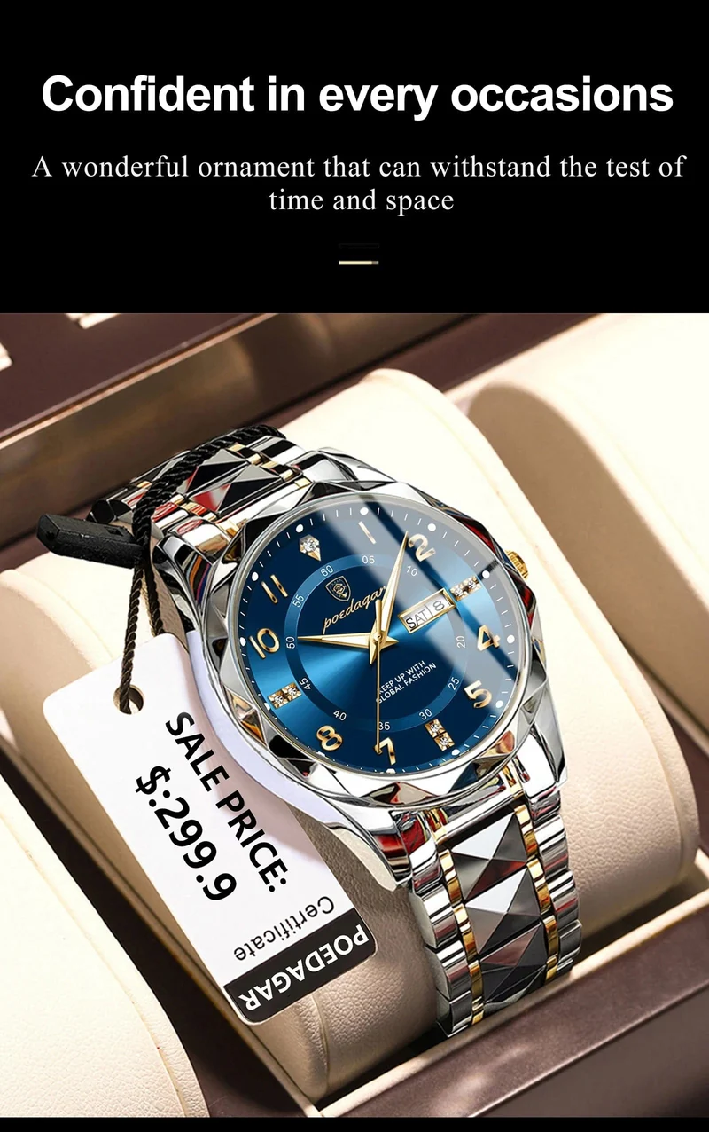 POEDAGAR Luxus Herren Quarzuhr Wasserdicht Datum Woche Leuchtende Armbanduhr Edelstahl Herrenuhr Herrenuhr Sportuhr