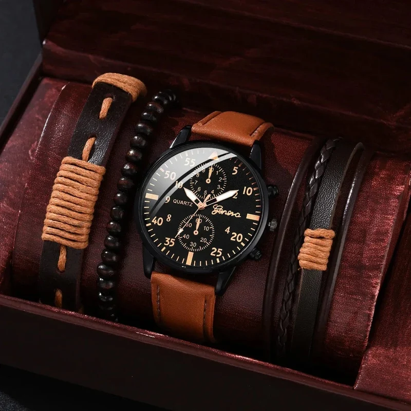 4/2/1-teiliges Herren-Sportuhren-Set, Herren-Business-Quarz-Armbanduhr, luxuriöses braunes Lederarmband, lässige Herrenuhr (ohne Box)