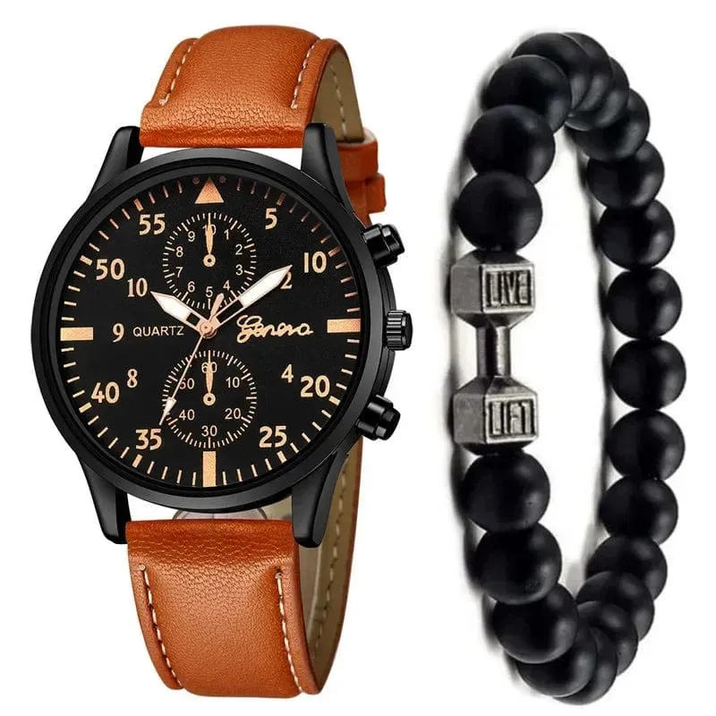 4/2/1-teiliges Herren-Sportuhren-Set, Herren-Business-Quarz-Armbanduhr, luxuriöses braunes Lederarmband, lässige Herrenuhr (ohne Box)