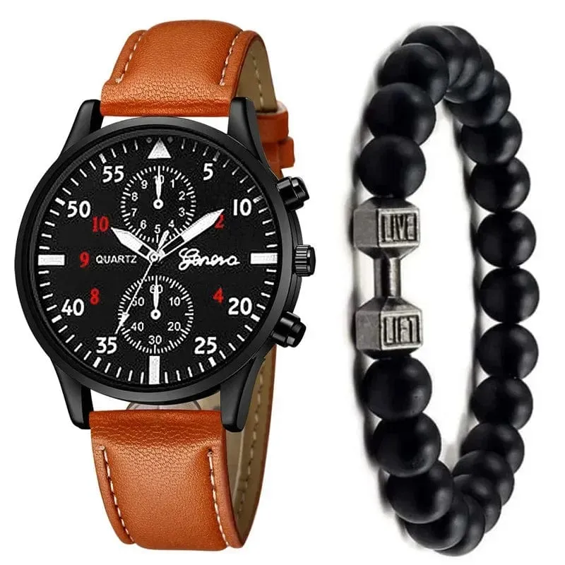 4/2/1-teiliges Herren-Sportuhren-Set, Herren-Business-Quarz-Armbanduhr, luxuriöses braunes Lederarmband, lässige Herrenuhr (ohne Box)