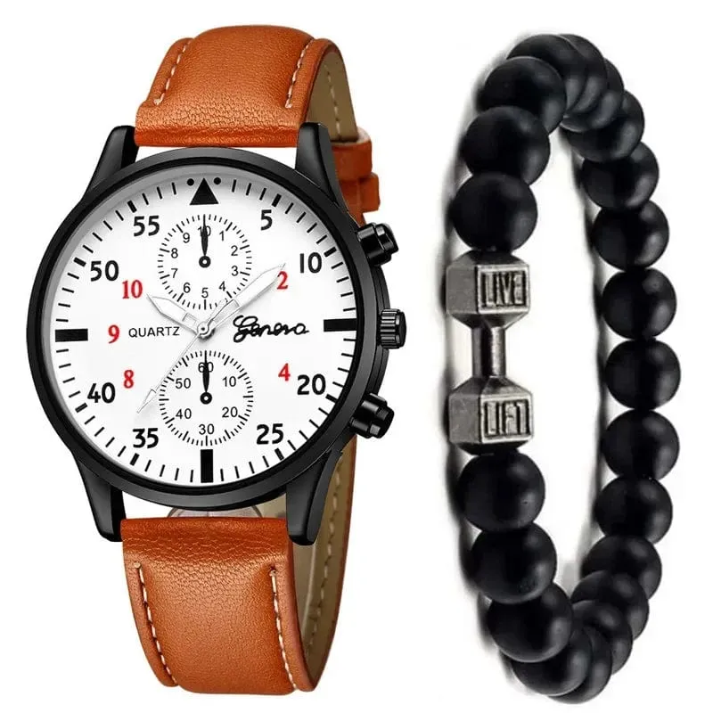 4/2/1-teiliges Herren-Sportuhren-Set, Herren-Business-Quarz-Armbanduhr, luxuriöses braunes Lederarmband, lässige Herrenuhr (ohne Box)