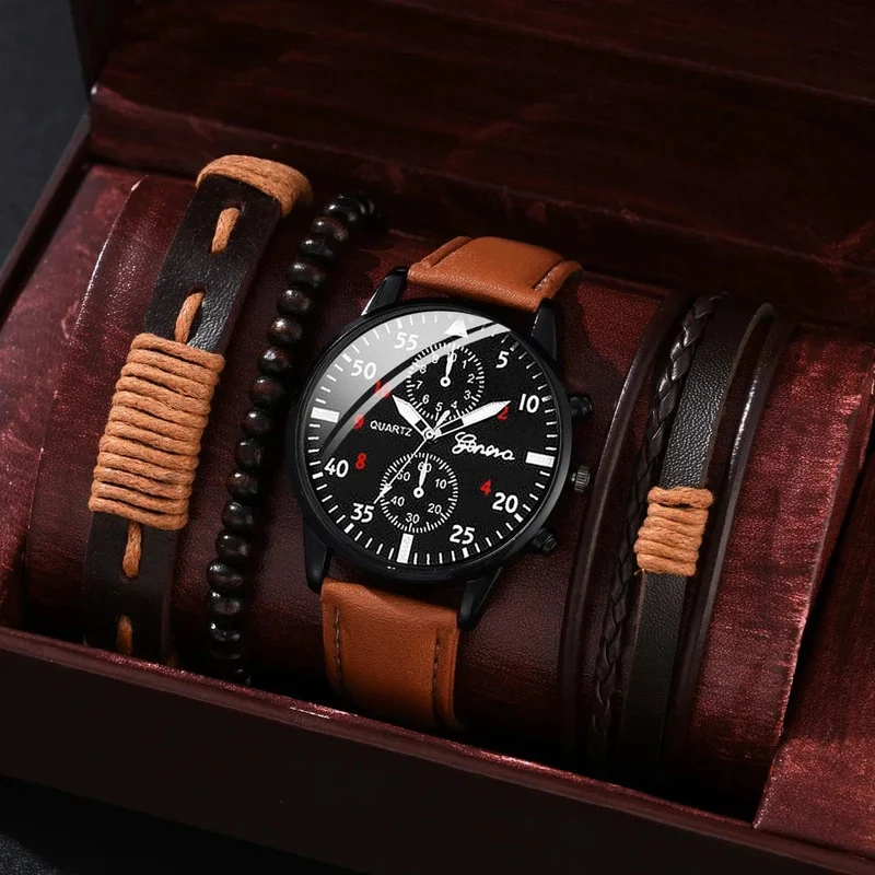 4/2/1-teiliges Herren-Sportuhren-Set, Herren-Business-Quarz-Armbanduhr, luxuriöses braunes Lederarmband, lässige Herrenuhr (ohne Box)