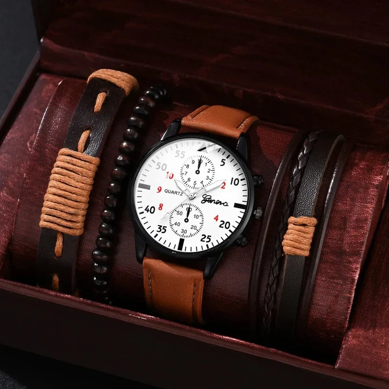 4/2/1-teiliges Herren-Sportuhren-Set, Herren-Business-Quarz-Armbanduhr, luxuriöses braunes Lederarmband, lässige Herrenuhr (ohne Box)