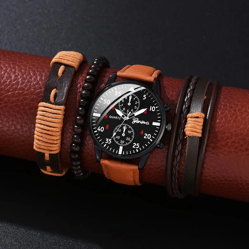 4/2/1-teiliges Herren-Sportuhren-Set, Herren-Business-Quarz-Armbanduhr, luxuriöses braunes Lederarmband, lässige Herrenuhr (ohne Box)