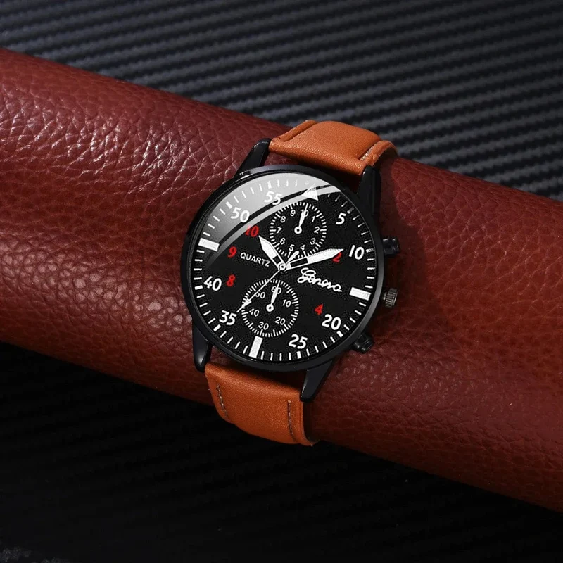 4/2/1-teiliges Herren-Sportuhren-Set, Herren-Business-Quarz-Armbanduhr, luxuriöses braunes Lederarmband, lässige Herrenuhr (ohne Box)