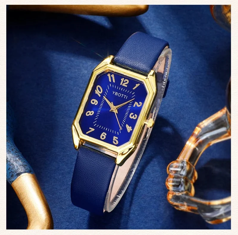 Luxus Fashion Square Damenuhren Marke Damen Quarz Armbanduhr Klassisch Schlicht Femme Blau Lederband Relogio Feminino