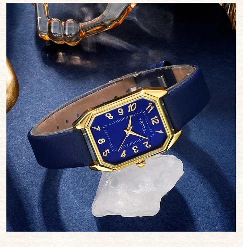 Luxus Fashion Square Damenuhren Marke Damen Quarz Armbanduhr Klassisch Schlicht Femme Blau Lederband Relogio Feminino