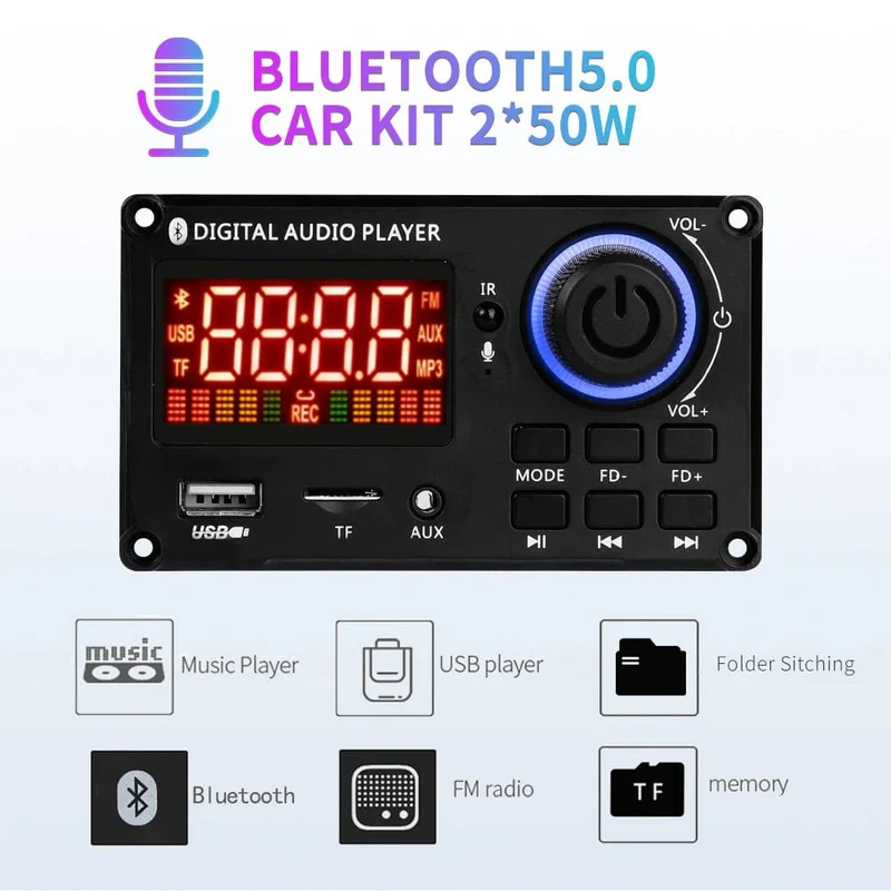 60W 50W 40W Verstärker Bluetooth 5.0 DIY MP3 WAV Decoder Board DC 12V Kabelloser Auto USB MP3 Player TF Kartensteckplatz USB FM mit Mikrofon