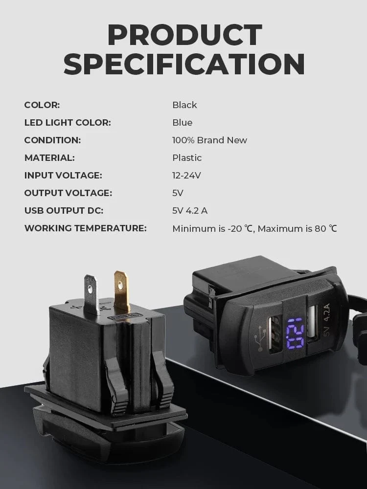 5V 4.2A LED-Autoladegerät mit zwei USB-Schaltern für Can-AM Maverick X3, kompatibel mit Polaris RZR 1000 800 900 Ranger für Boot, UTV, ATV