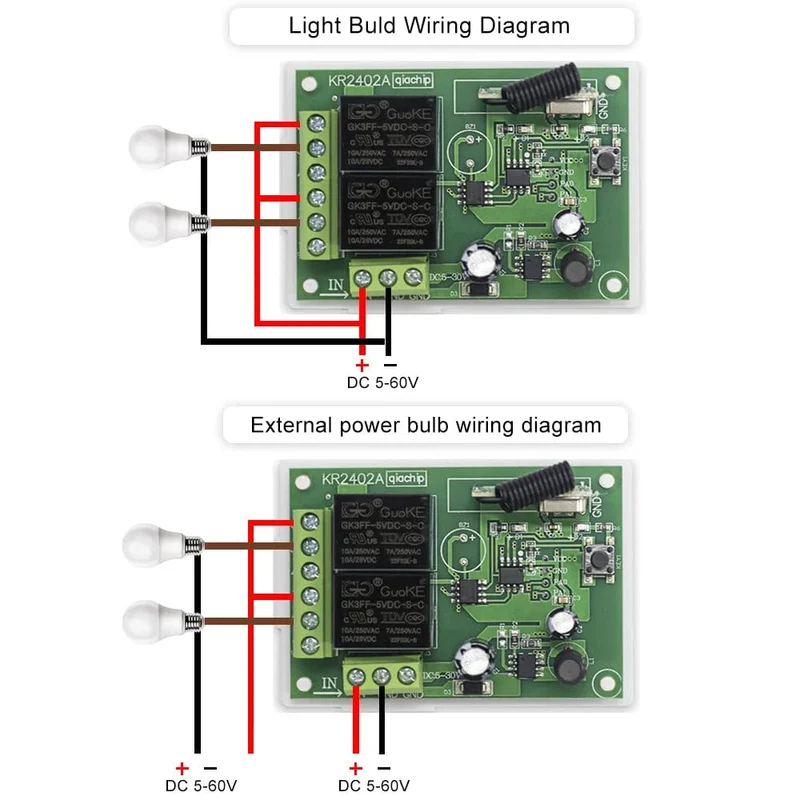 433.92 Mhz DC 6V 12V 24V 48V 60V Universeller drahtloser Fernbedienungsschalter 2 CH RF-Relaisempfängermodul DC5-30V für Smart Home