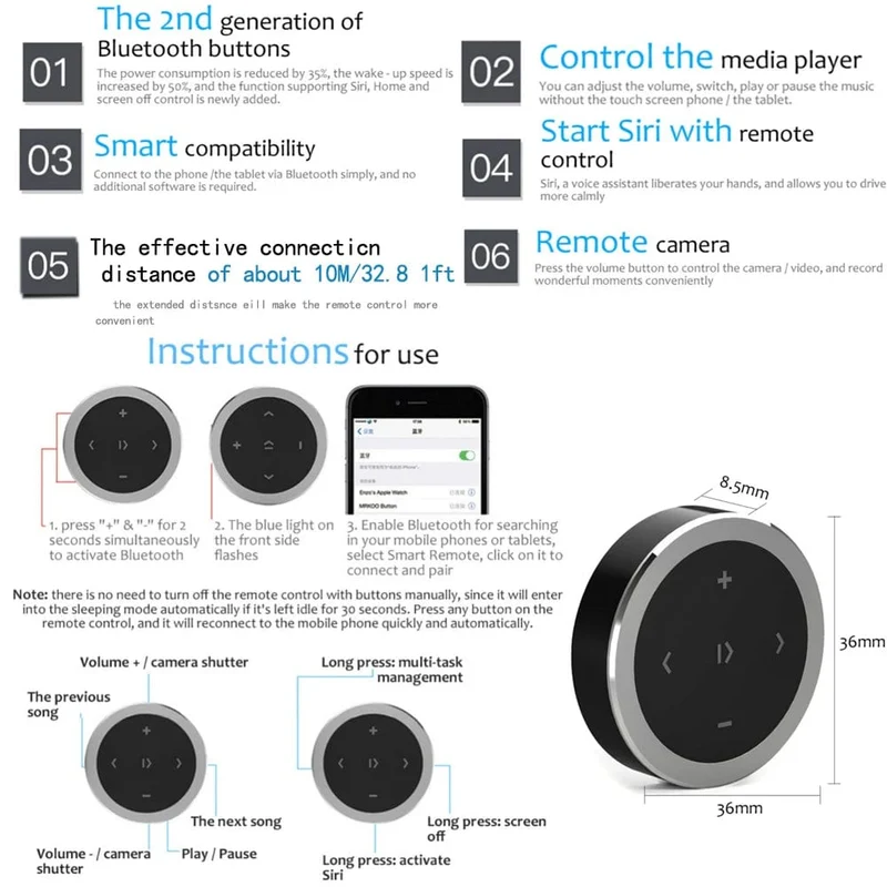 Kebidu Lenkrad Musik-Player Drahtlose Bluetooth Fernbedienung Media Taste Multimedia für Android IOS Smartphone Car Kit