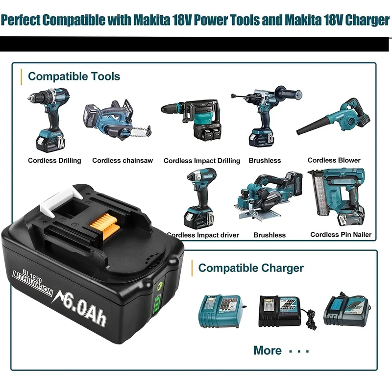 18V 6.0 Ah Leistungsstarker Ersatz für Makita Kompatibler Makita Akku BL1860 BL1850B BL1830 Serie Akku Ersatzakku