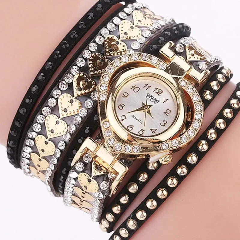 Luxuriöse Damen-Quarzuhr mit Herz-Zifferblatt, glänzendes Design, hochwertige Damen-Quarzuhr, modisches Strass-Armband, Wickelarmband, Damenuhr, Geschenk