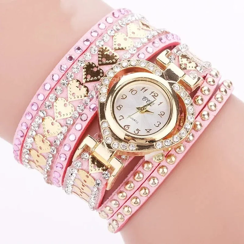 Luxuriöse Damen-Quarzuhr mit Herz-Zifferblatt, glänzendes Design, hochwertige Damen-Quarzuhr, modisches Strass-Armband, Wickelarmband, Damenuhr, Geschenk