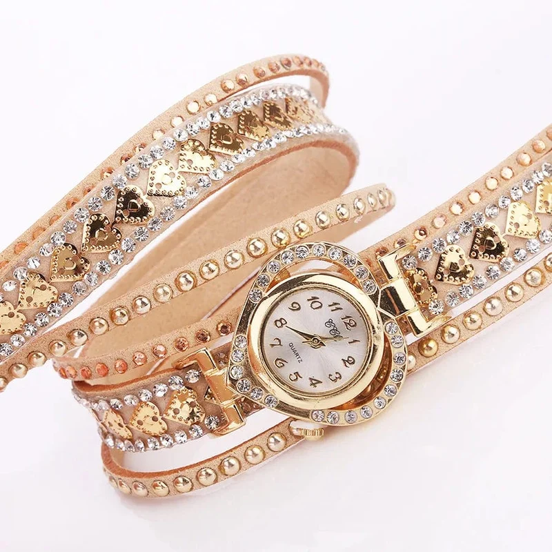 Luxuriöse Damen-Quarzuhr mit Herz-Zifferblatt, glänzendes Design, hochwertige Damen-Quarzuhr, modisches Strass-Armband, Wickelarmband, Damenuhr, Geschenk